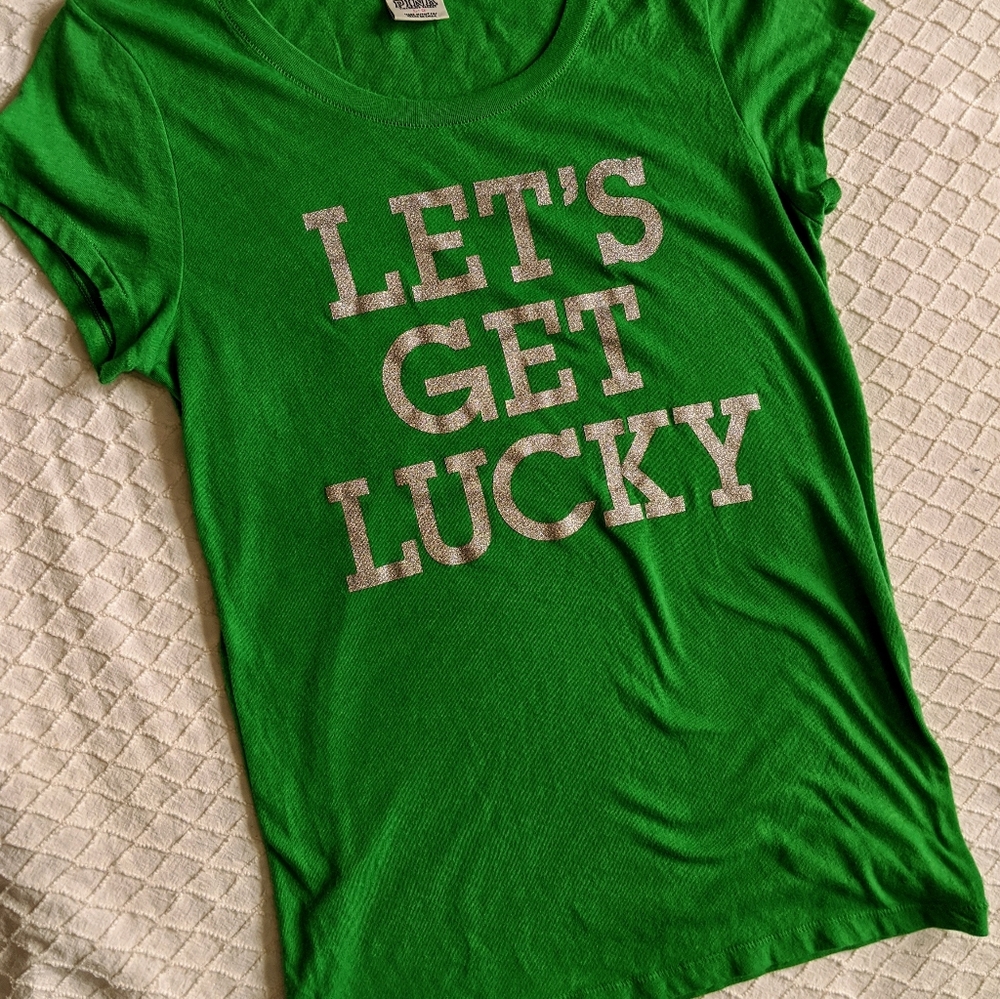 Pink Victoria's Secret green bling spellout tee
